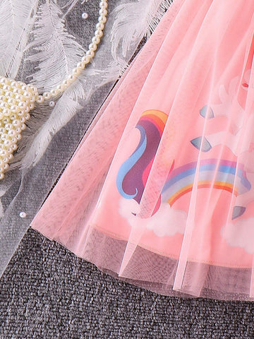 Young Girl Cute Unicorn Printed Mesh Dress With Ruffle Hem For Spring And Autumn