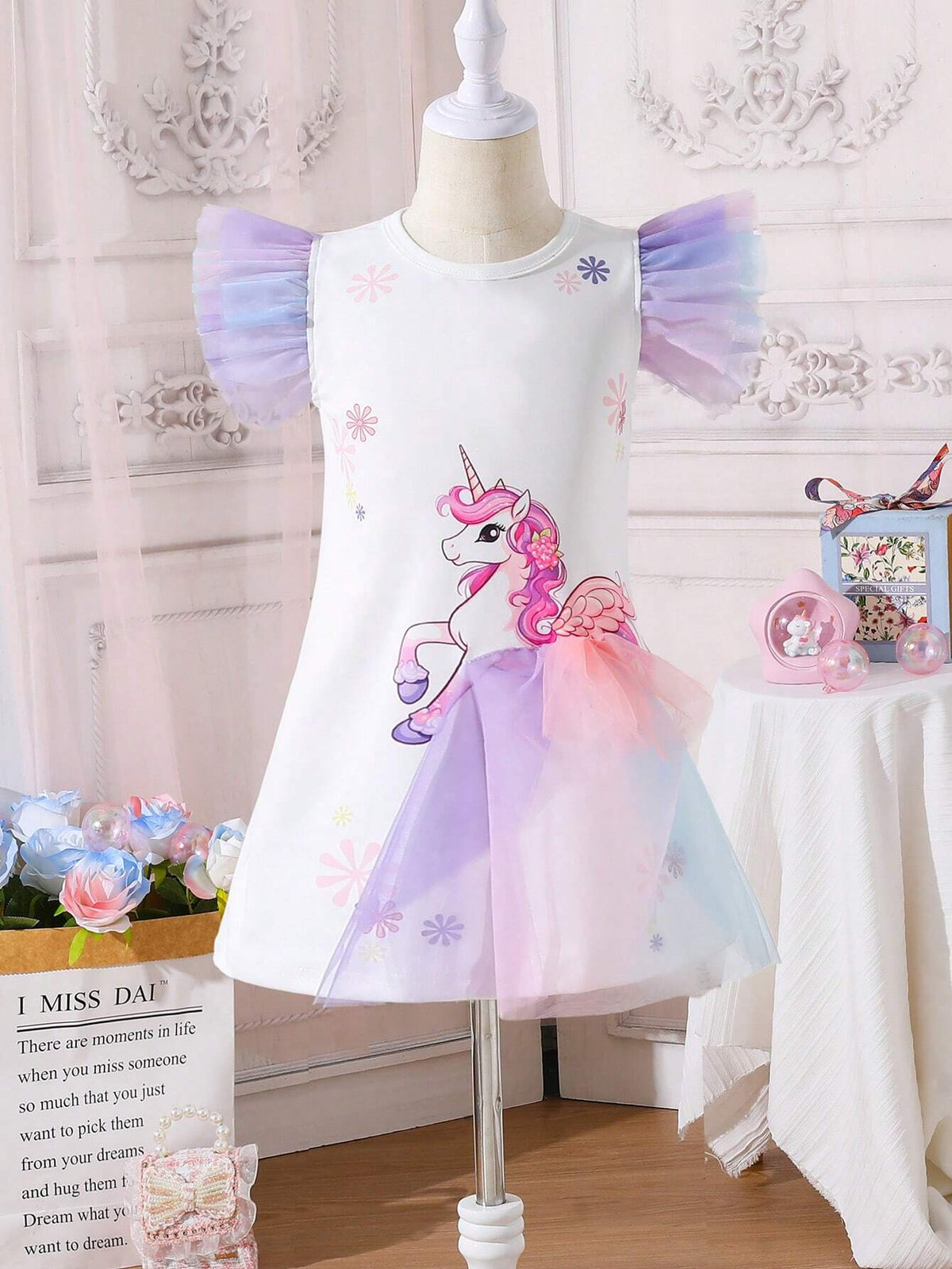 Young Girl Cute Unicorn Printed Tulle Short Sleeve Dress