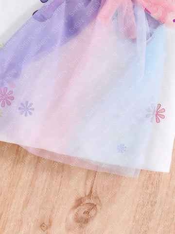 Young Girl Cute Unicorn Printed Tulle Short Sleeve Dress