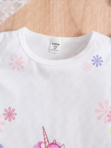 Young Girl Cute Unicorn Printed Tulle Short Sleeve Dress