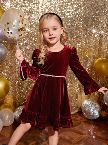 Young Girl Cute Velvet A-Line Dress, Elegant Puff Sleeve Ruffle Hem Long Sleeve Cake Dress