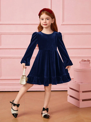 Girl Cute Velvet A-Line Dress, Elegant Puff Sleeve Ruffle Hem Long Sleeve Cake Dress,