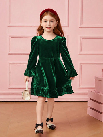 Young Girl Cute Velvet A-Line Dress, Elegant Puff Sleeve Ruffle Hem Long Sleeve Cake Dress