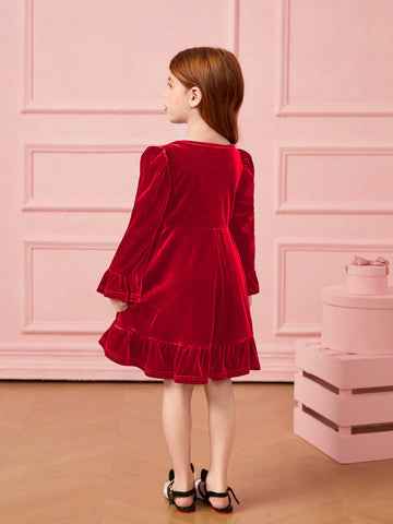 Young Girl Cute Velvet A-Line Dress, Elegant Puff Sleeve Ruffle Hem Long Sleeve Cake Dress, For Birthday Party