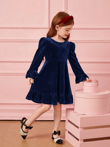 Girl Cute Velvet A-Line Dress, Elegant Puff Sleeve Ruffle Hem Long Sleeve Cake Dress,