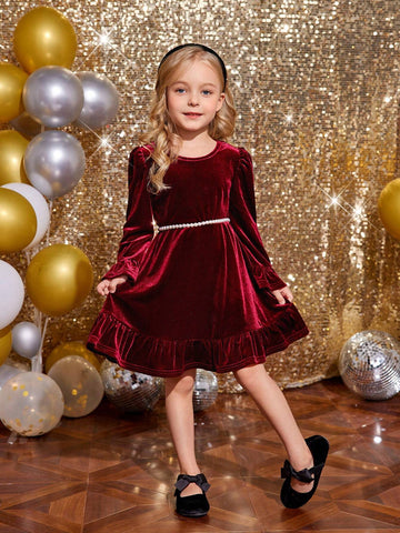 Young Girl Cute Velvet A-Line Dress, Elegant Puff Sleeve Ruffle Hem Long Sleeve Cake Dress