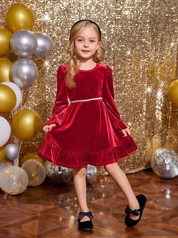 Young Girl Cute Velvet A-Line Dress, Elegant Puff Sleeve Ruffle Hem Long Sleeve Cake Dress, For Birthday Party