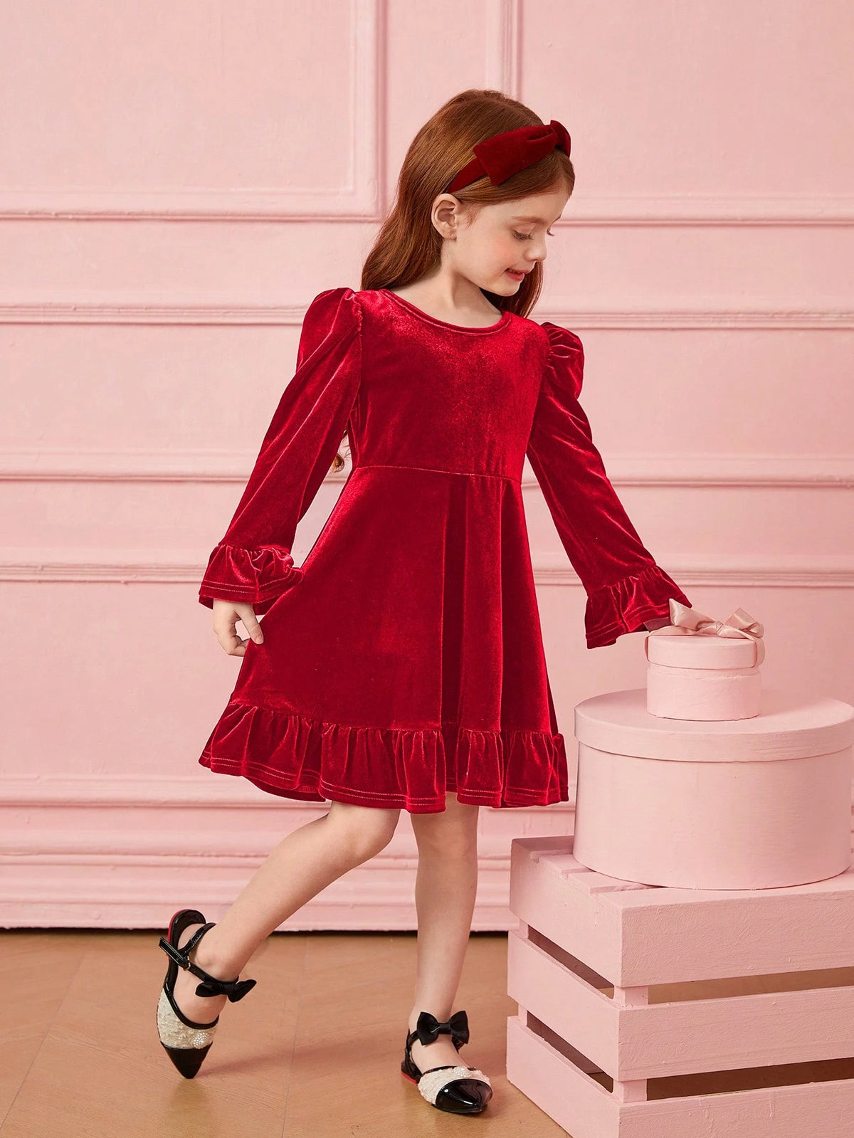 Young Girl Cute Velvet A-Line Dress, Elegant Puff Sleeve Ruffle Hem Long Sleeve Cake Dress, For Birthday Party