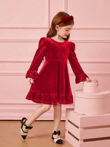 Young Girl Cute Velvet A-Line Dress, Elegant Puff Sleeve Ruffle Hem Long Sleeve Cake Dress, For Birthday Party
