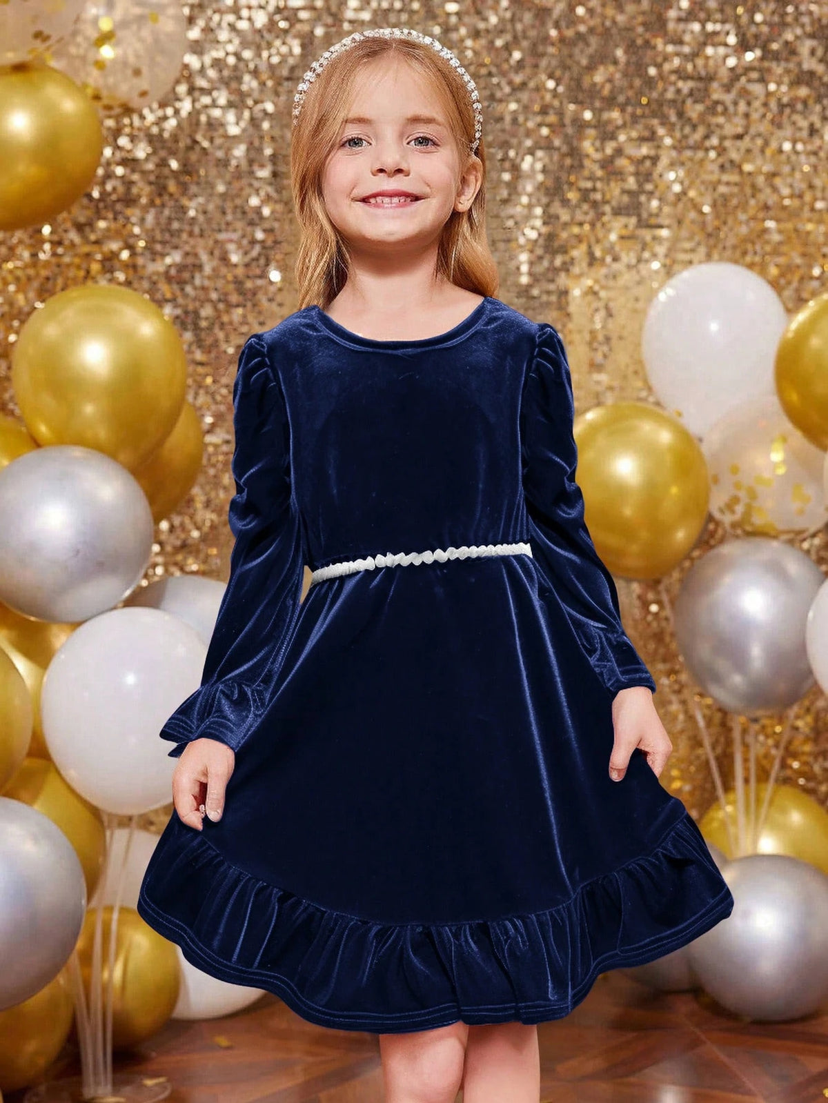 Girl Cute Velvet A-Line Dress, Elegant Puff Sleeve Ruffle Hem Long Sleeve Cake Dress,