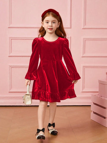 Young Girl Cute Velvet A-Line Dress, Elegant Puff Sleeve Ruffle Hem Long Sleeve Cake Dress, For Birthday Party