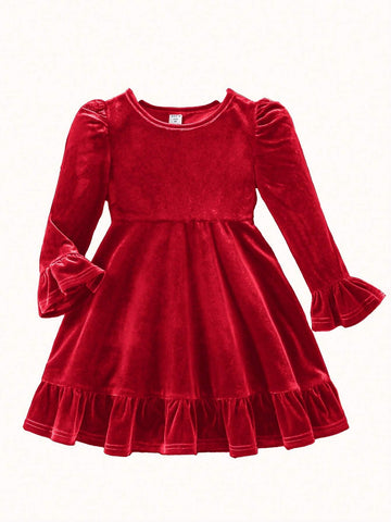 Young Girl Cute Velvet A-Line Dress, Elegant Puff Sleeve Ruffle Hem Long Sleeve Cake Dress, For Birthday Party