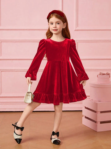 Young Girl Cute Velvet A-Line Dress, Elegant Puff Sleeve Ruffle Hem Long Sleeve Cake Dress, For Birthday Party