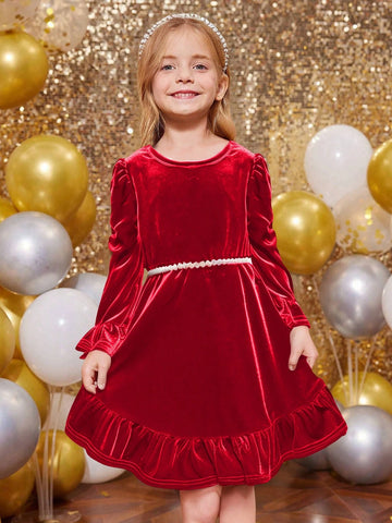 Young Girl Cute Velvet A-Line Dress, Elegant Puff Sleeve Ruffle Hem Long Sleeve Cake Dress, For Birthday Party