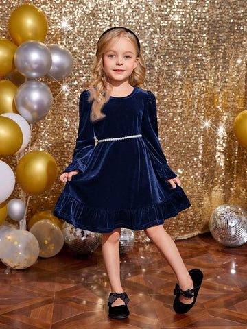 Girl Cute Velvet A-Line Dress, Elegant Puff Sleeve Ruffle Hem Long Sleeve Cake Dress,