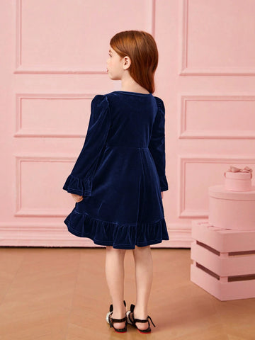 Girl Cute Velvet A-Line Dress, Elegant Puff Sleeve Ruffle Hem Long Sleeve Cake Dress,