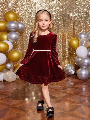 Young Girl Cute Velvet A-Line Dress, Elegant Puff Sleeve Ruffle Hem Long Sleeve Cake Dress