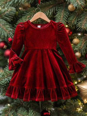 Young Girl Cute Velvet A-Line Dress, Elegant Puff Sleeve Ruffle Hem Long Sleeve Cake Dress