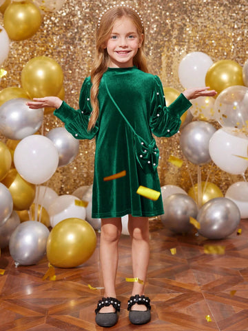 Young Girl Cute Velvet Dress ,Casual Simple Elegant Faux Pearl Decorated Bow Knot Bag Dress, Suitable For Autumn And Winter