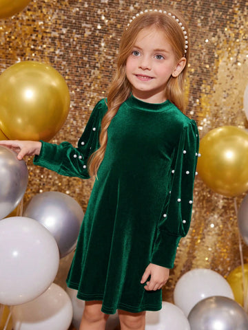 Young Girl Cute Velvet Dress ,Casual Simple Elegant Faux Pearl Decorated Bow Knot Bag Dress, Suitable For Autumn And Winter