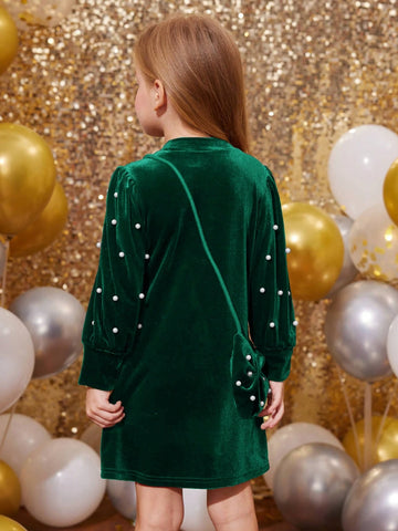 Young Girl Cute Velvet Dress ,Casual Simple Elegant Faux Pearl Decorated Bow Knot Bag Dress, Suitable For Autumn And Winter