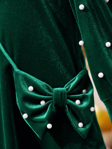Young Girl Cute Velvet Dress ,Casual Simple Elegant Faux Pearl Decorated Bow Knot Bag Dress, Suitable For Autumn And Winter