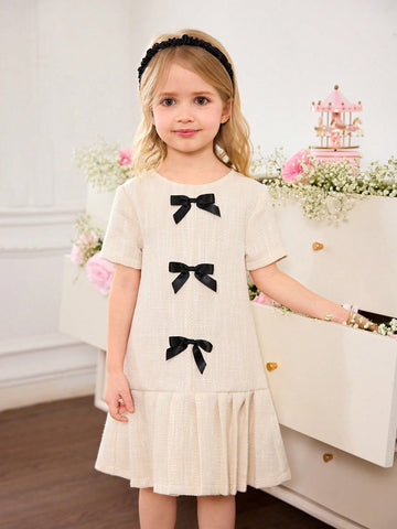 Young Girl Cute & Elegant Bow Decor Short Sleeve Summer Dress