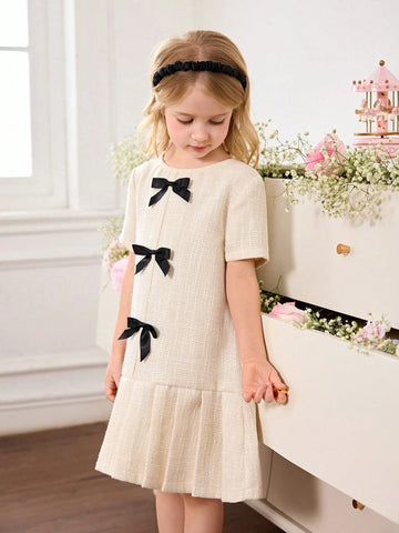 Young Girl Cute & Elegant Bow Decor Short Sleeve Summer Dress
