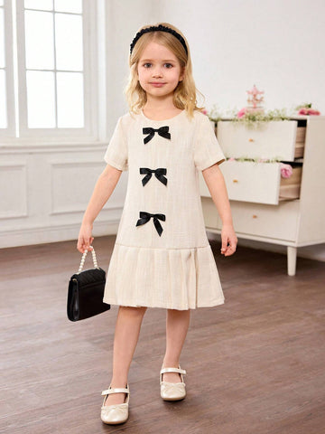 Young Girl Cute & Elegant Bow Decor Short Sleeve Summer Dress