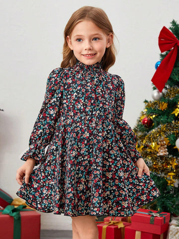Young Girl Cute & Vintage & Casual Floral Shirred Flounce Sleeve Dress ,Great For Casual & Daily Wear & School Daily In Winter & Autumn