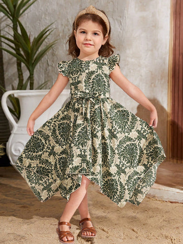 Young Girl Ditsy Ditsy Floral Round Neck Puff Sleeve Fitted Dress