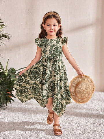 Young Girl Ditsy Ditsy Floral Round Neck Puff Sleeve Fitted Dress