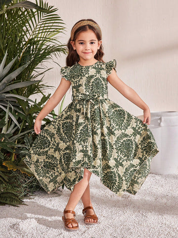 Young Girl Ditsy Ditsy Floral Round Neck Puff Sleeve Fitted Dress