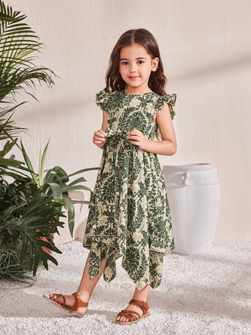 Young Girl Ditsy Ditsy Floral Round Neck Puff Sleeve Fitted Dress