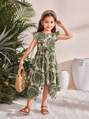 Young Girl Ditsy Ditsy Floral Round Neck Puff Sleeve Fitted Dress
