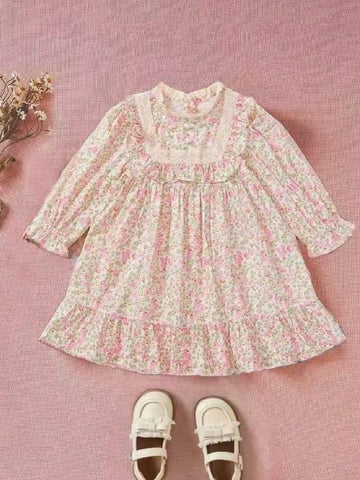 Young Girl Ditsy Floral Casual Dress With Ruffle Trim Puff Sleeve, Countryside Style, Autumn