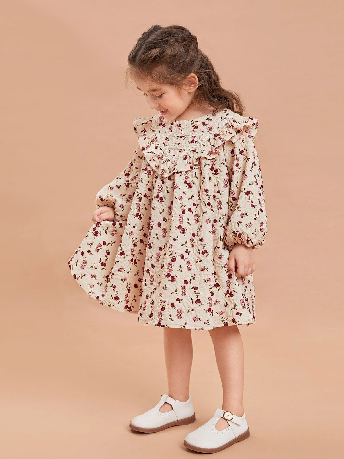 Young Girl Ditsy Floral Lantern Sleeve Ruffle Trim Dress