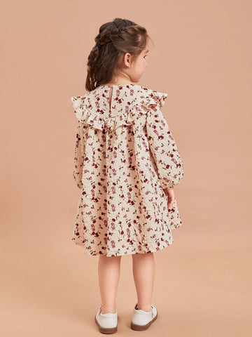 Young Girl Ditsy Floral Lantern Sleeve Ruffle Trim Dress