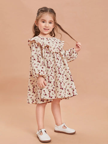 Young Girl Ditsy Floral Lantern Sleeve Ruffle Trim Dress