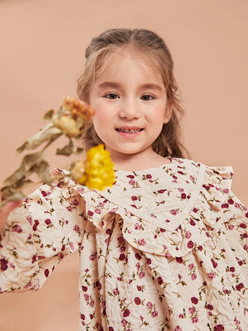 Young Girl Ditsy Floral Lantern Sleeve Ruffle Trim Dress