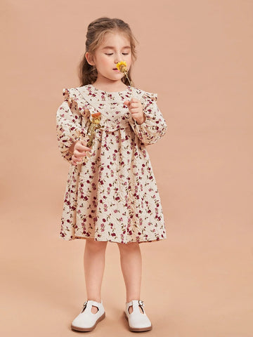 Young Girl Ditsy Floral Lantern Sleeve Ruffle Trim Dress