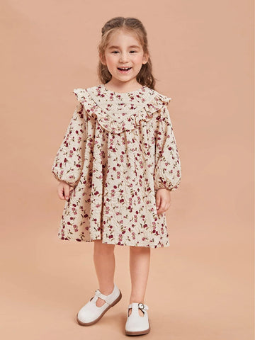 Young Girl Ditsy Floral Lantern Sleeve Ruffle Trim Dress