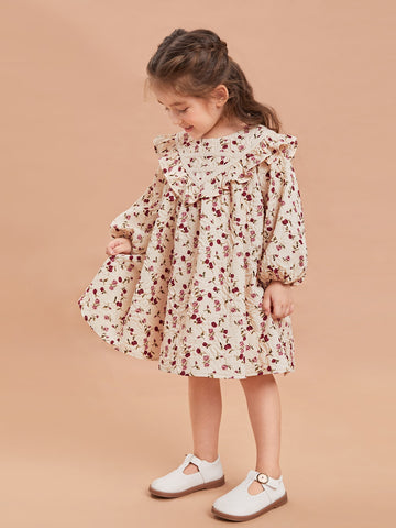 Young Girl Ditsy Floral Lantern Sleeve Ruffle Trim Dress