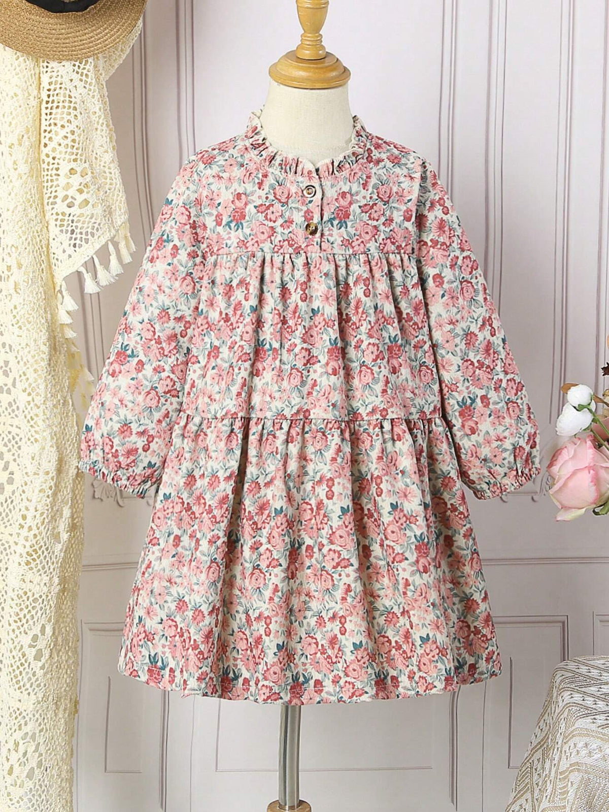 Young Girl Ditsy Floral Print Lantern Sleeve Ruffle Hem Dress