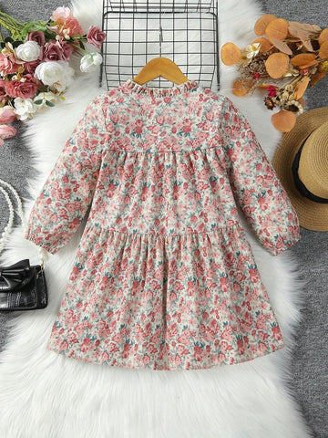Young Girl Ditsy Floral Print Lantern Sleeve Ruffle Hem Dress