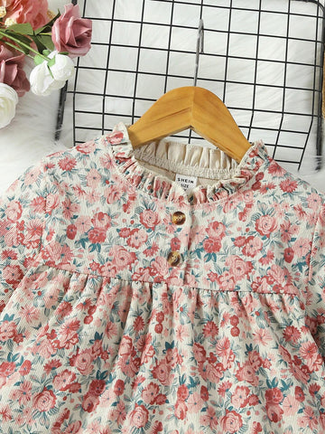 Young Girl Ditsy Floral Print Lantern Sleeve Ruffle Hem Dress
