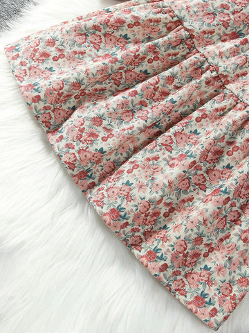 Young Girl Ditsy Floral Print Lantern Sleeve Ruffle Hem Dress