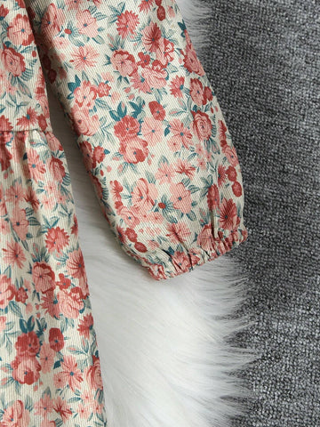 Young Girl Ditsy Floral Print Lantern Sleeve Ruffle Hem Dress