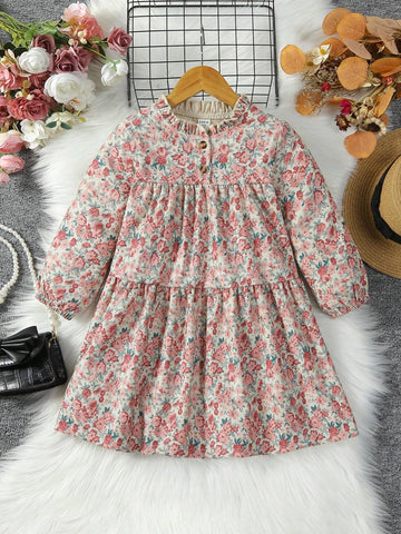 Young Girl Ditsy Floral Print Lantern Sleeve Ruffle Hem Dress