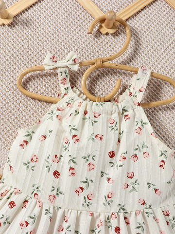 Young Girl Ditsy Floral Print Ruffle Hem Cami Dress & Accessory Bag